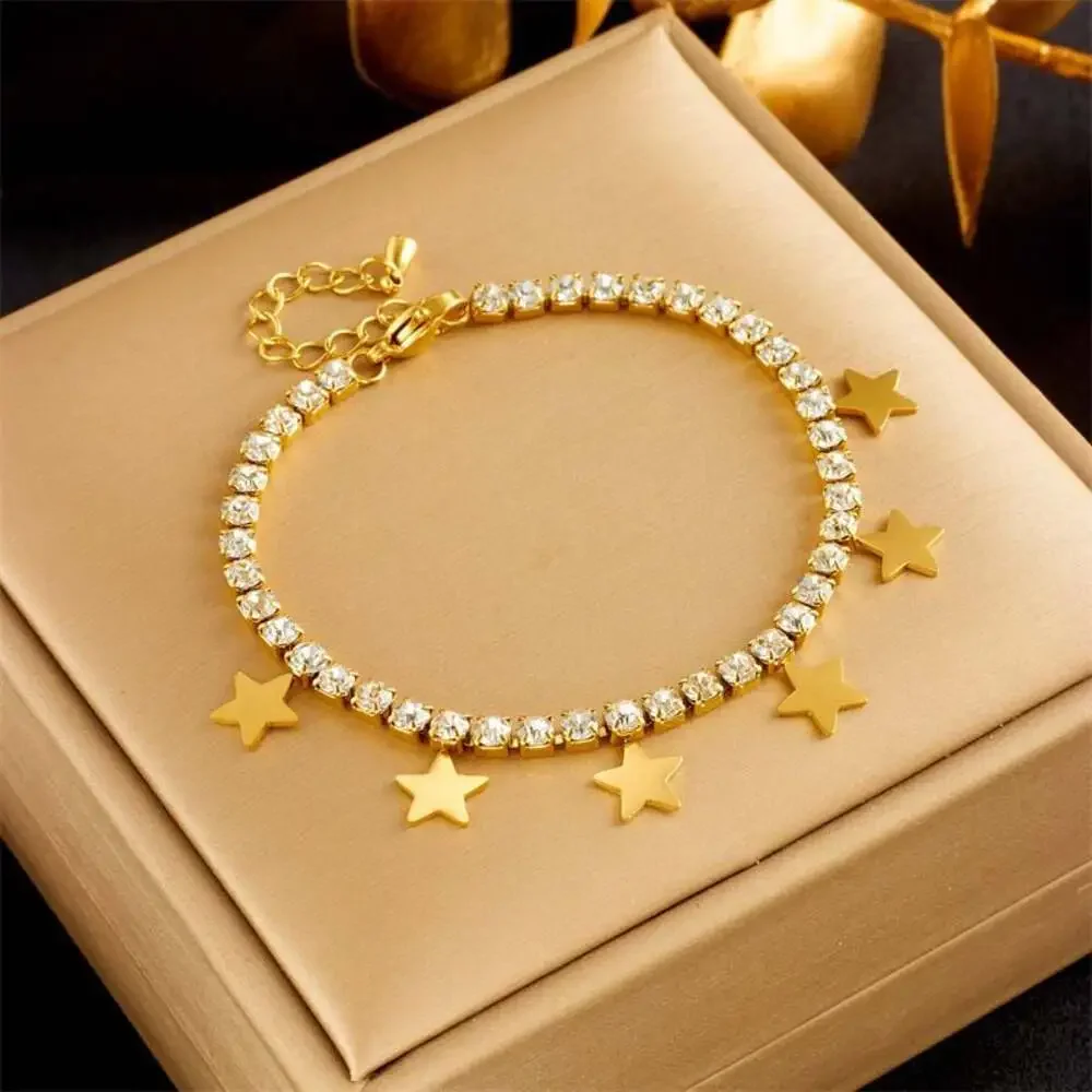 18K Gold Plated Stainless Steel Tennis Bracelet with Star Charms and Zirconia